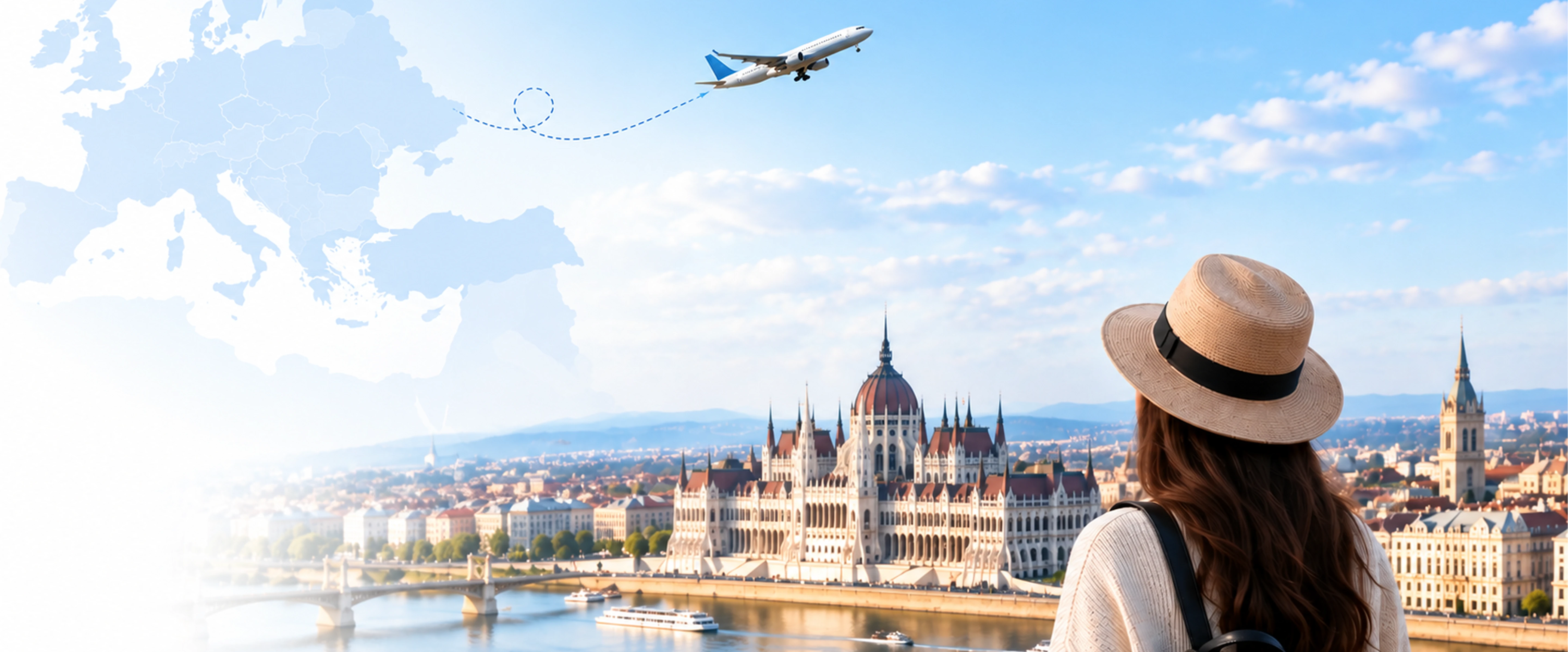 Traveller looking out over a European city skyline